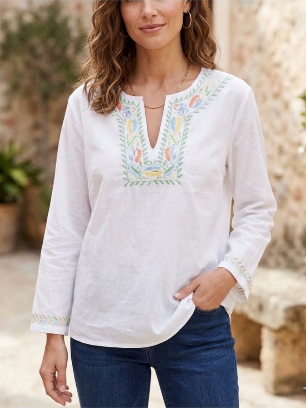 Denim&Co White Embroidered V-Neck Tunic 100% Cotton lagenlook beachy peasant